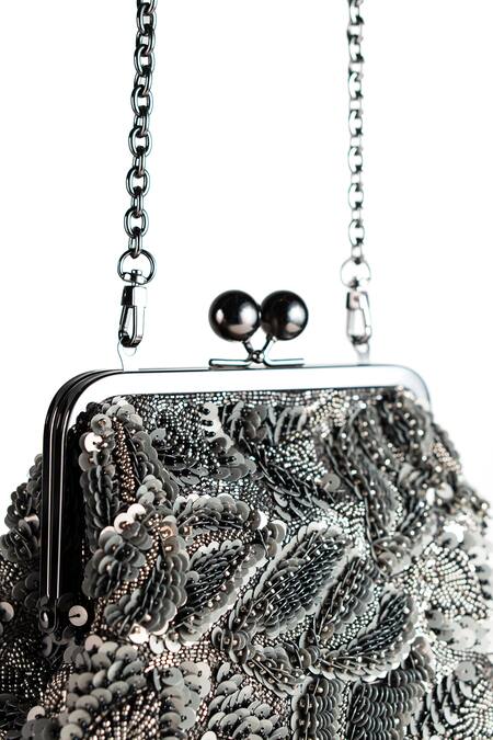 Shop_Nupur Kanoi_Grey Sequins, Beads, Embroidery Carmela Bougain Hand Clutch _Online_at_Aza_Fashions