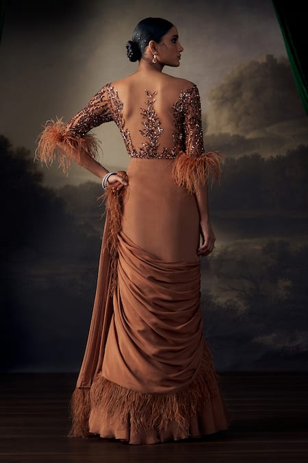 Ohaila Khan Embroidered Blouse With Pre-Draped Saree 