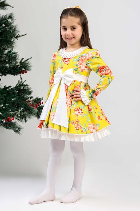 Shop_The Pony & Peony Co._Yellow Cotton Lace, Bows Old Rose Sunshine Dress _Online_at_Aza_Fashions