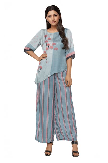 So Us By Sougatpaul Blue Herringbone Round Printed Kurta And Palazzo Set 
