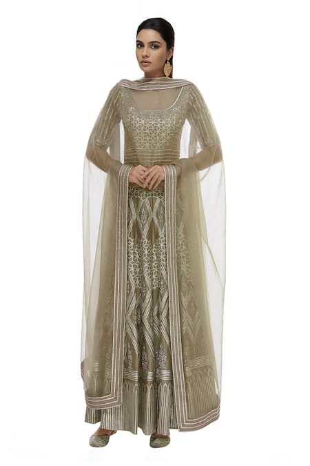 Neha Khullar Beige Net, Silk, Brocade Embellished Anarkali With Dupatta