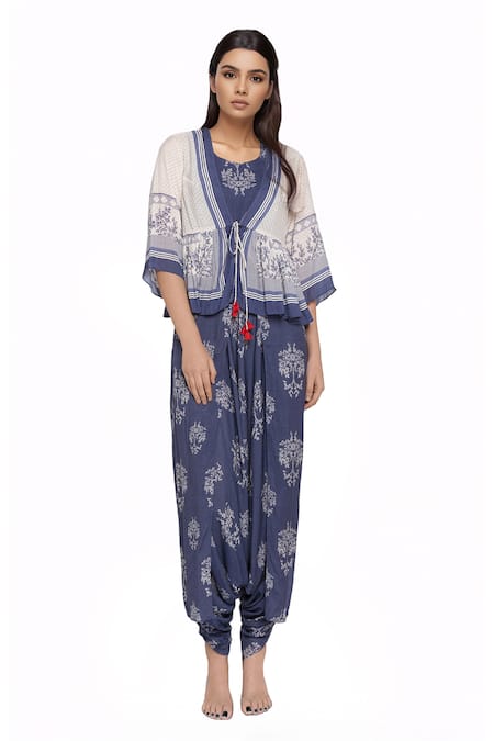 So Us By Sougatpaul Blue Muslin Slub Jumpsuit Round Neckline Printed With Jacket 
