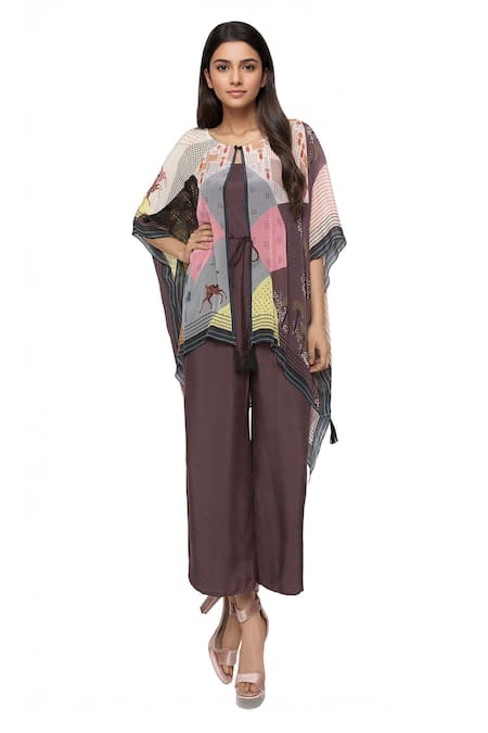 So Us By Sougatpaul Brown Crepe, Cotton Silk Round Jumpsuit With Printed Cape 
