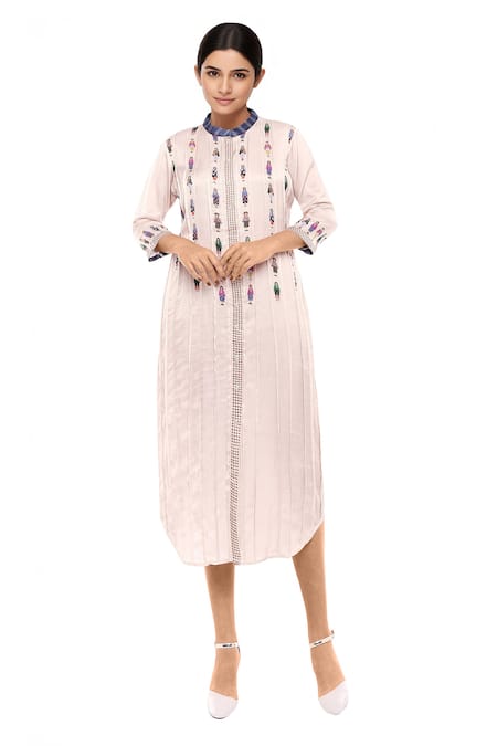 So Us By Sougatpaul Off White Satin Stand Collar Printed Midi Dress 