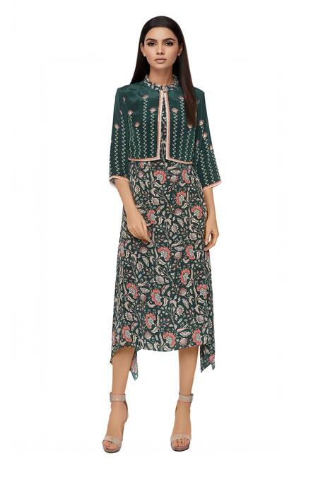 Soup By Sougat Paul Green Crepe Floral Motifs Dress Round Jacket Mandarin Collar Printed With