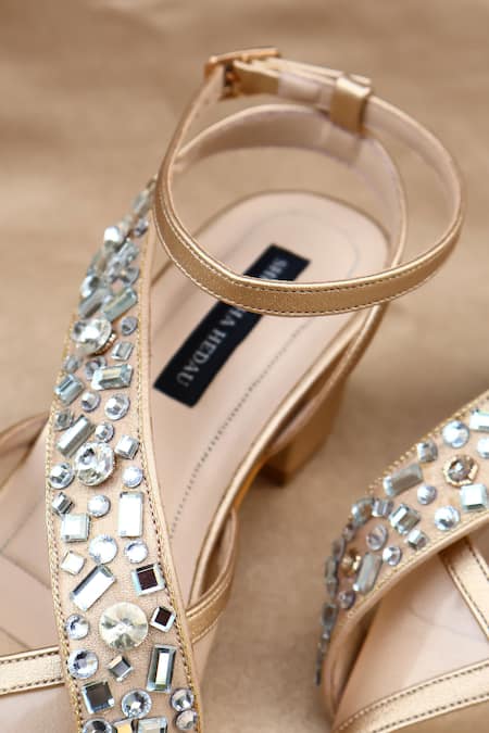 Shradha Hedau Footwear Couture_Beige Rhinestones, Stones Anaaya Crystal Embellished Block Heels _Online_at_Aza_Fashions