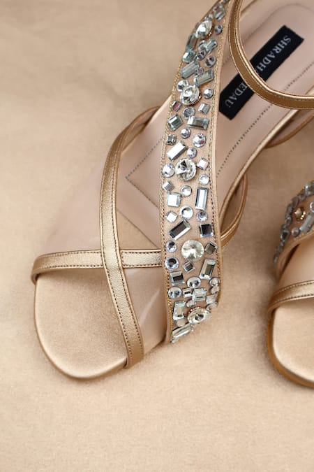 Buy_Shradha Hedau Footwear Couture_Beige Rhinestones, Stones Anaaya Crystal Embellished Block Heels _Online_at_Aza_Fashions