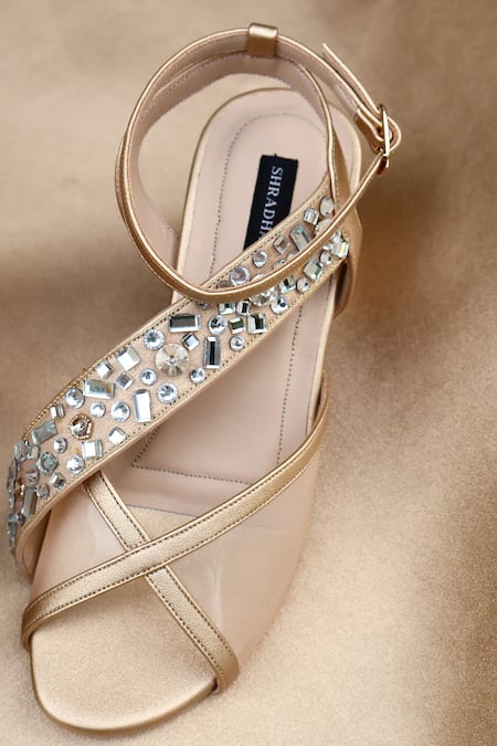 Shop_Shradha Hedau Footwear Couture_Beige Rhinestones, Stones Anaaya Crystal Embellished Block Heels _Online_at_Aza_Fashions