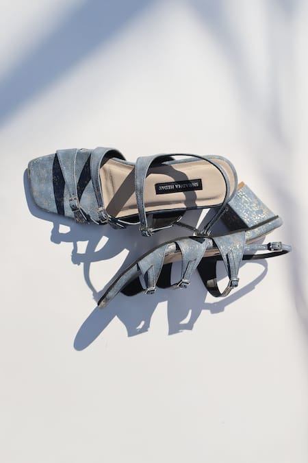 Shradha Hedau Footwear Couture_Blue Glitter Tara Denim Strappy Block Heels _Online_at_Aza_Fashions