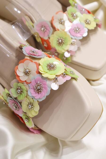 Shop_Shradha Hedau Footwear Couture_Multi Color Applique, Beads, Sequins Anvika Floral Embellished Wedges _Online_at_Aza_Fashions