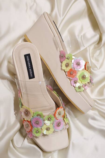 Shradha Hedau Footwear Couture_Multi Color Applique, Beads, Sequins Anvika Floral Embellished Wedges _at_Aza_Fashions