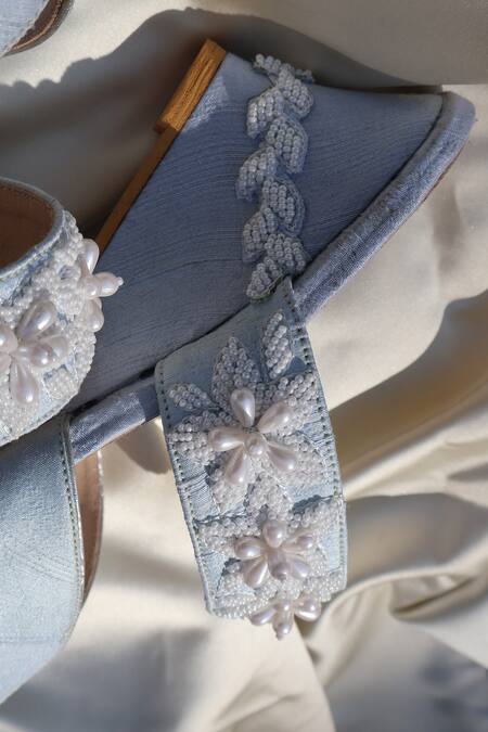 Shradha Hedau Footwear Couture_Sky Blue Beads, Pearls Eira And Embellished Wedges _at_Aza_Fashions