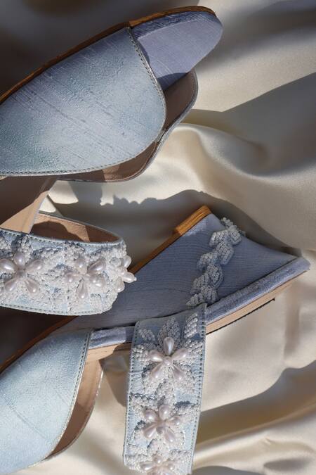 Shop_Shradha Hedau Footwear Couture_Sky Blue Beads, Pearls Eira And Embellished Wedges 