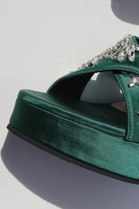 Shradha Hedau Footwear Couture_Emerald Green Crystals Trisha Embellished Satin Platform Heels _Online_at_Aza_Fashions