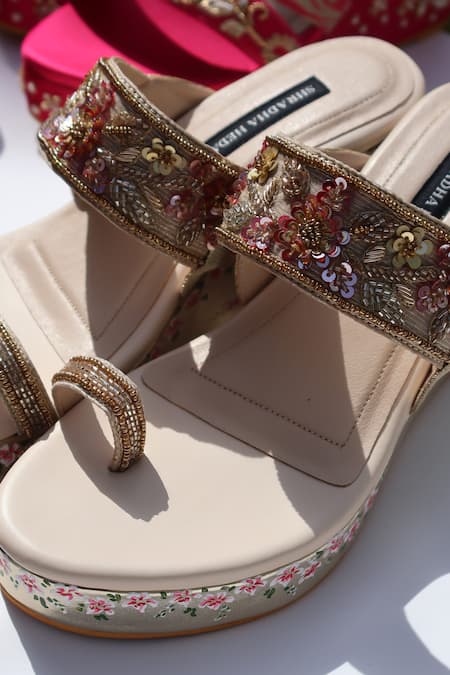 Shradha Hedau Footwear Couture_Beige Embroidery, Sequins, Beads Aishani Floral Hand Painted Wedges _Online_at_Aza_Fashions