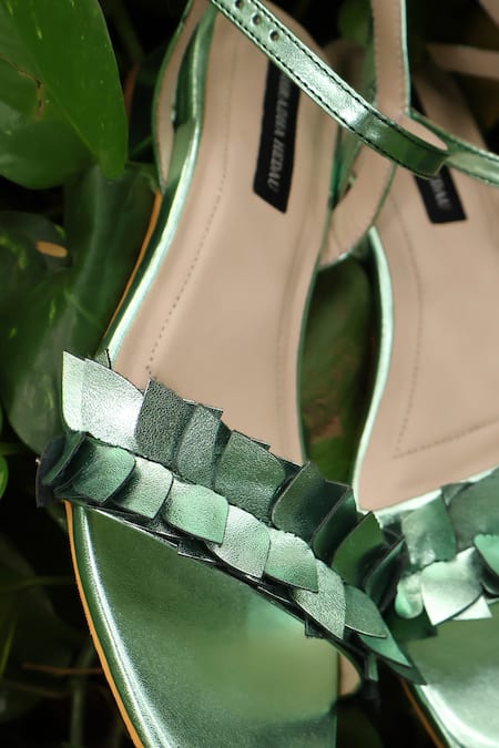 Buy_Shradha Hedau Footwear Couture_Green Ruffles Aadhya Strap Block Heels _Online_at_Aza_Fashions