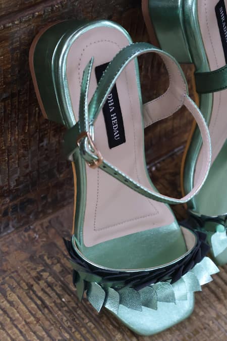 Shop_Shradha Hedau Footwear Couture_Green Ruffles Aadhya Strap Block Heels _Online_at_Aza_Fashions
