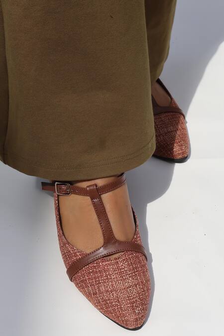 Buy_Shradha Hedau Footwear Couture_Brown Ziya Textured T Strap Heels _Online_at_Aza_Fashions