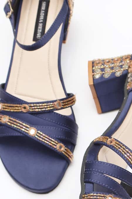 Shradha Hedau Footwear Couture_Navy Beads, Mirrors, Metallic Thread Liyana Embellished Satin Block Heels _Online_at_Aza_Fashions