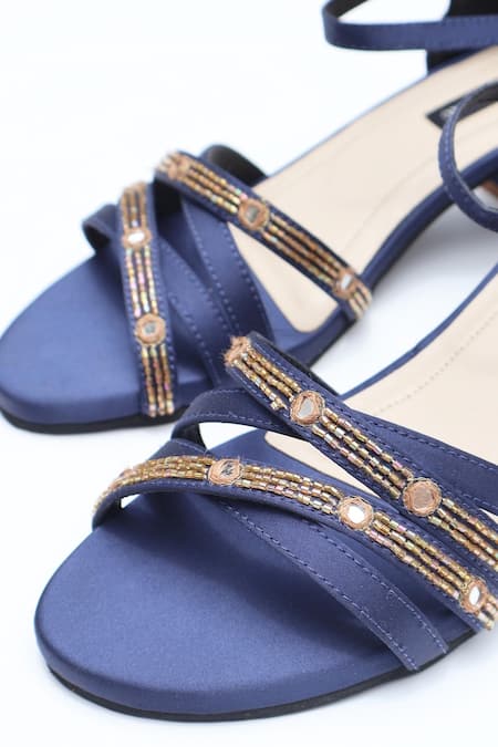Buy_Shradha Hedau Footwear Couture_Navy Beads, Mirrors, Metallic Thread Liyana Embellished Satin Block Heels _Online_at_Aza_Fashions