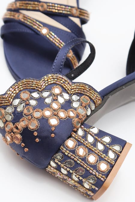 Shop_Shradha Hedau Footwear Couture_Navy Beads, Mirrors, Metallic Thread Liyana Embellished Satin Block Heels _Online_at_Aza_Fashions