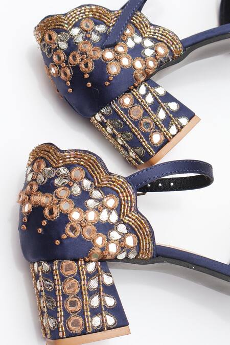 Shradha Hedau Footwear Couture_Navy Beads, Mirrors, Metallic Thread Liyana Embellished Satin Block Heels _at_Aza_Fashions