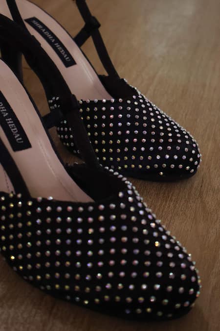 Shradha Hedau Footwear Couture_Black Rhinestones Aavira Embellished Mesh And Satin Heels _Online_at_Aza_Fashions