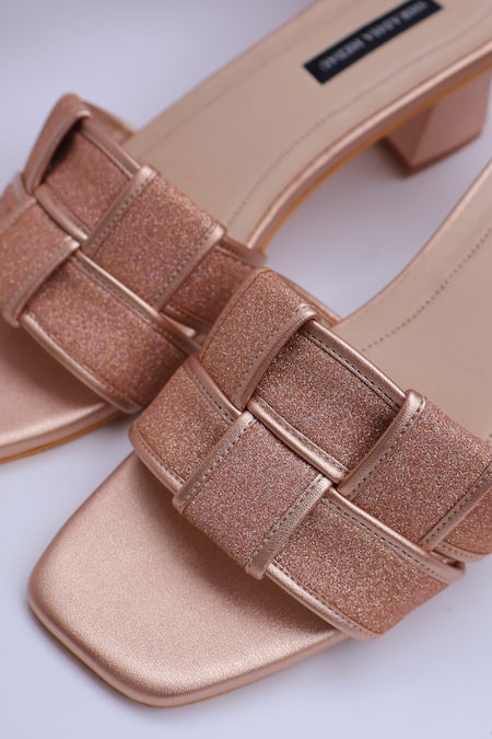 Buy_Shradha Hedau Footwear Couture_Rose Gold Glitter Tisya Woven Strap Block Heels _Online_at_Aza_Fashions