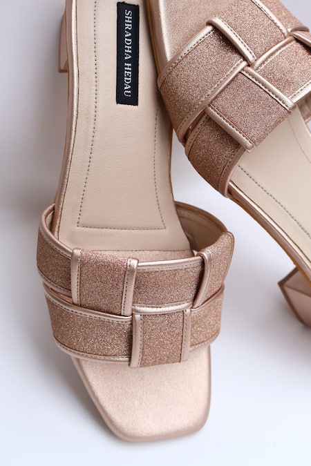 Shop_Shradha Hedau Footwear Couture_Rose Gold Glitter Tisya Woven Strap Block Heels _Online_at_Aza_Fashions