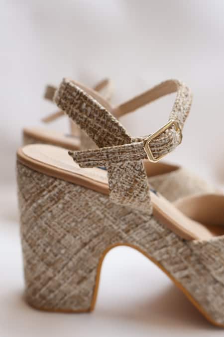 Shop_Shradha Hedau Footwear Couture_Beige Miraya Jute Textured Platform Heels _Online_at_Aza_Fashions