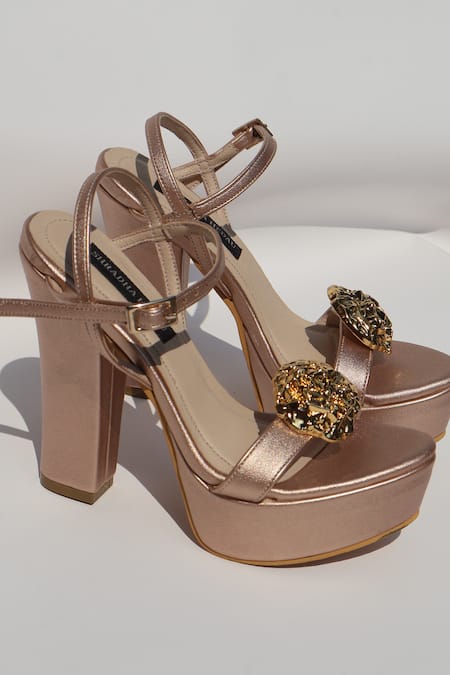 Shradha Hedau Footwear Couture_Rose Gold Metallic Thread Arvini Platform Block Heels _Online_at_Aza_Fashions