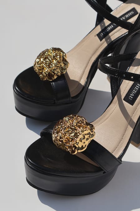Buy_Shradha Hedau Footwear Couture_Black Metallic Thread Niriva Gold Embellished Platform Heels _Online_at_Aza_Fashions