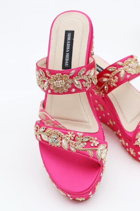 Shradha Hedau Footwear Couture Vaidehi Embroidered Satin Platform Wedges 