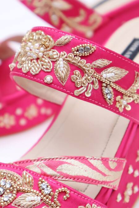 Buy_Shradha Hedau Footwear Couture_Pink Beads, Crystals, Embroidery Vaidehi Satin Platform Wedges _Online_at_Aza_Fashions