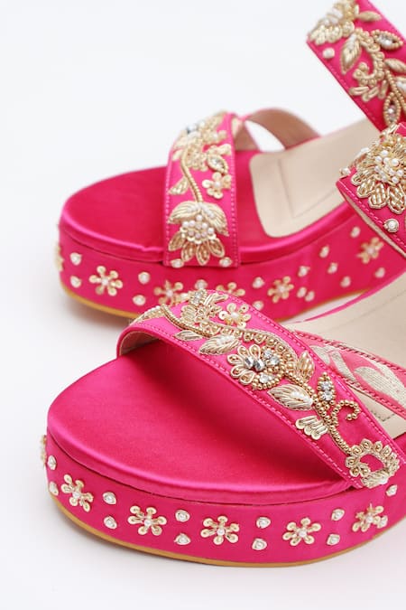 Shop_Shradha Hedau Footwear Couture_Pink Beads, Crystals, Embroidery Vaidehi Satin Platform Wedges _Online_at_Aza_Fashions
