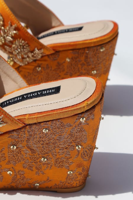 Shradha Hedau Footwear Couture_Yellow Embroidery, Beads, Studs Ridhima Embellished Brocade Wedges _Online_at_Aza_Fashions