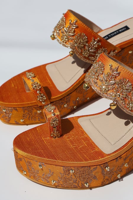 Buy_Shradha Hedau Footwear Couture_Yellow Embroidery, Beads, Studs Ridhima Embellished Brocade Wedges _Online_at_Aza_Fashions
