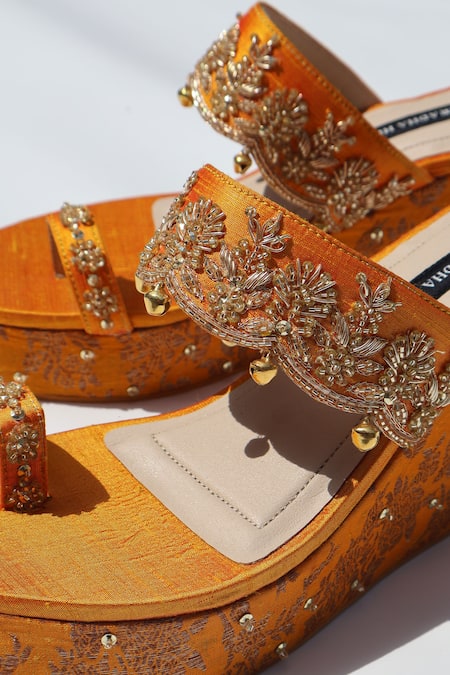 Shradha Hedau Footwear Couture_Yellow Embroidery, Beads, Studs Ridhima Embellished Brocade Wedges _at_Aza_Fashions