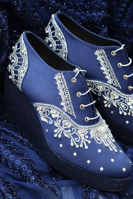 Shradha Hedau Footwear Couture_Navy Embroidery, Beads, Sequins, Prisha Embellished Satin Platform Sneakers _Online_at_Aza_Fashions