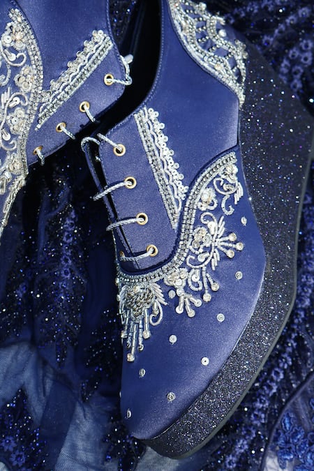 Buy_Shradha Hedau Footwear Couture_Navy Embroidery, Beads, Sequins, Prisha Embellished Satin Platform Sneakers _Online_at_Aza_Fashions