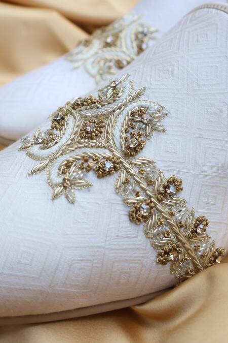 Shop_Shradha Hedau Footwear Couture_Gold Aarvin Geometric Pattern Embroidered Moccasins _Online_at_Aza_Fashions