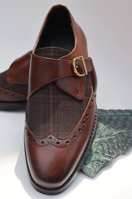 Shop_Shradha Hedau Footwear Couture_Tan Riaan Brogue Monk Strap Shoes _Online_at_Aza_Fashions