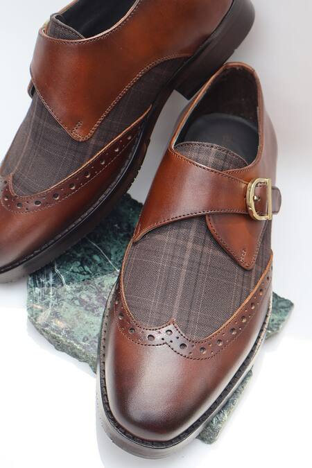 Buy_Shradha Hedau Footwear Couture_Tan Riaan Brogue Monk Strap Shoes 