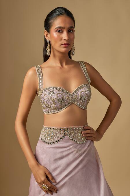 Neha Khullar_Purple Silk Organza Mirrors, Embroidery, Metallic Thread Sweetheart Lehenga Set _Online_at_Aza_Fashions