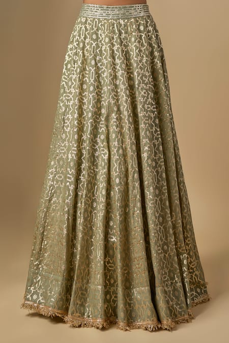 Buy_Neha Khullar_Green Silk, Silk, Mirrors, Embroidery, Corset Lehenga Set _Online_at_Aza_Fashions