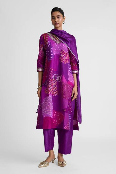Naina Jain_Purple Silk Gota Patti, Patchwork, Mirrors, Bandhani Embroidered Kurta Set _Online_at_Aza_Fashions