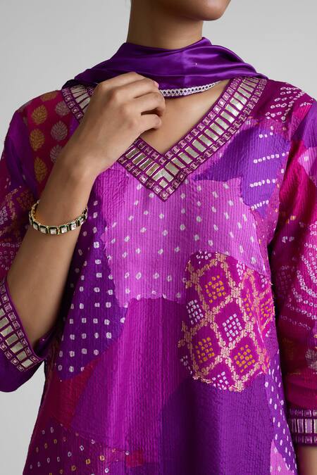 Shop_Naina Jain_Purple Silk Gota Patti, Patchwork, Mirrors, Bandhani Embroidered Kurta Set _Online_at_Aza_Fashions