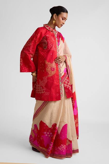 Buy_Naina Jain_Ivory Silk, Tissue Zari, Embroidery, Tassels Zardozi Saree Set With Jacket _Online_at_Aza_Fashions