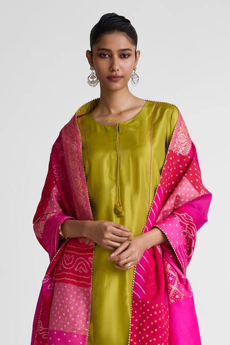 Naina Jain_Lime Silk Beads, Gota Plain Kurta And Pant Set With Bandhani Patchwork Dupatta _Online_at_Aza_Fashions