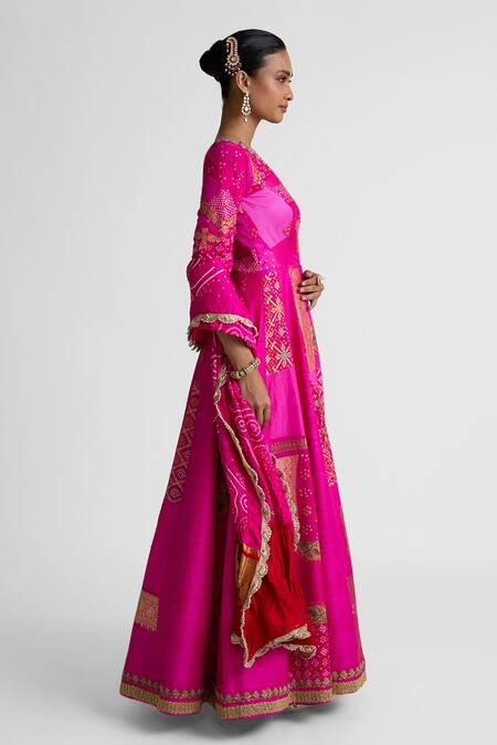 Naina Jain Pink Silk Embroidery, Zari, Patchwork, Zardozi Anarkali With Bandhani Dupatta Online at Aza Fashions Naina Jain_Pink Silk Embroidery, Zari, Patchwork, Zardozi Anarkali With Bandhani Dupatta _Online_at_Aza_Fashions